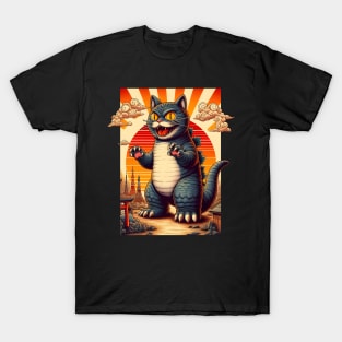 The Monster Cat Japanese Art Vintage Retro Sunset Funny Cute Cat T-Shirt